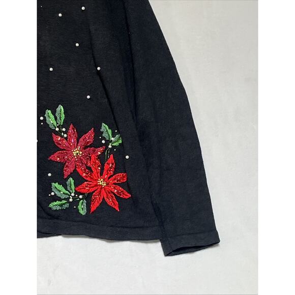 BP Design Knit Holiday Sweater Womens XL Cardigan Poinsettia Embroidered Beaded - Picture 3 of 12